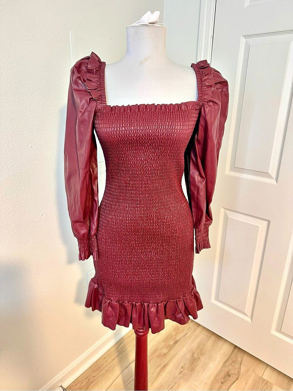 NWT 7 For All Mankind Faux Leather Smocked Mini Dress Burgundy